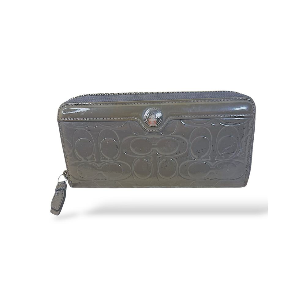 Coach Patent Leather Signature Zip Around Wallet Gray Wristlet
